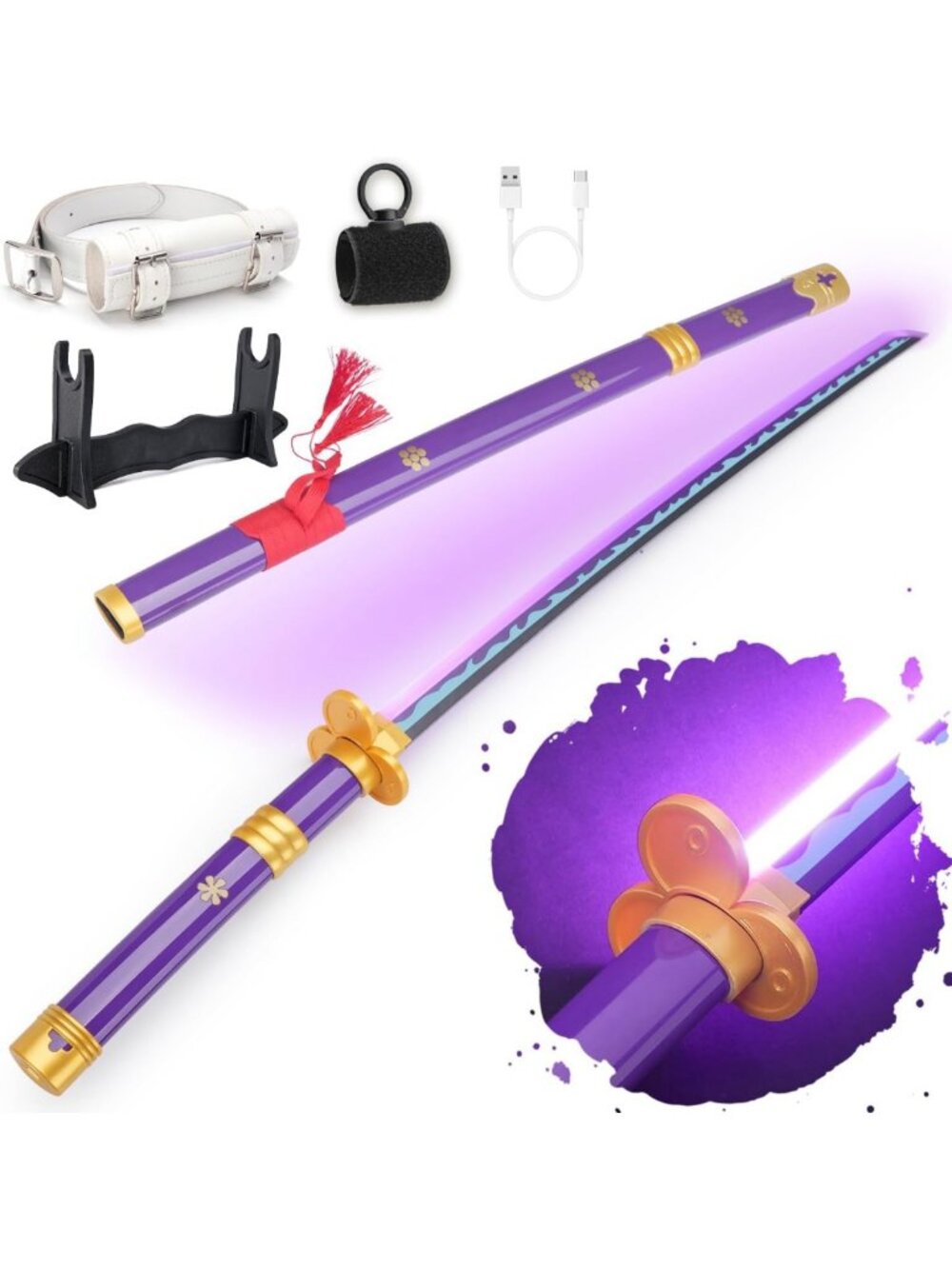 Glow-in-the-Dark 40" Rechargeable Anime Sword Replica with Belt & Stand, Spinner